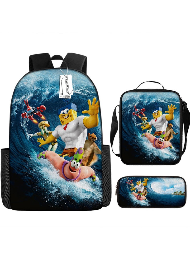 Printed backpack polyester schoolbag large-capacity cross-body bag student-H04-: Undersea hero (general standard three-piece set)