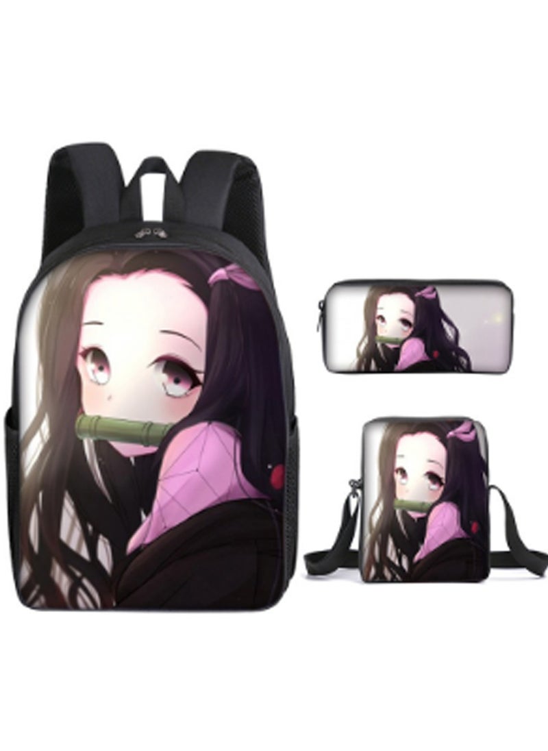 Printed backpack polyester schoolbag large-capacity cross-body bag student-G05-: Ghost Team Kamado Nezuko Mobile (universal standard three-piece set)