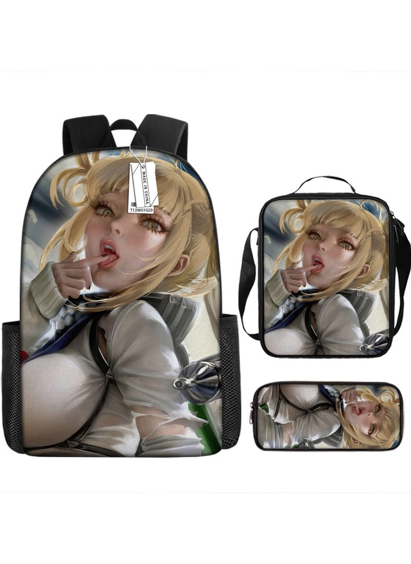 Printed backpack polyester schoolbag large-capacity cross-body bag student-W01-: Hero Academia (universal standard three-piece set)