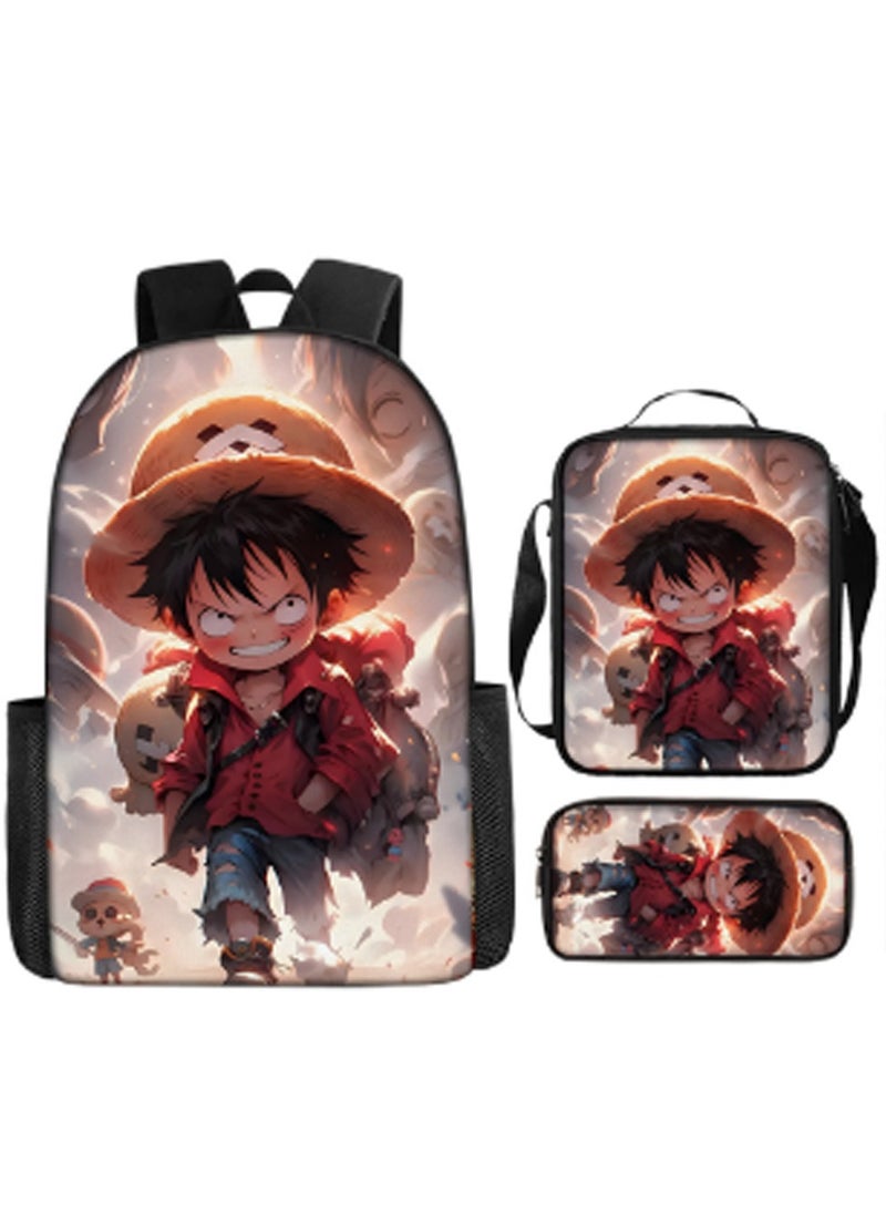 Printed backpack polyester schoolbag large-capacity cross-body bag student-H01-: broken straw hat pirate group (universal standard three-piece set)