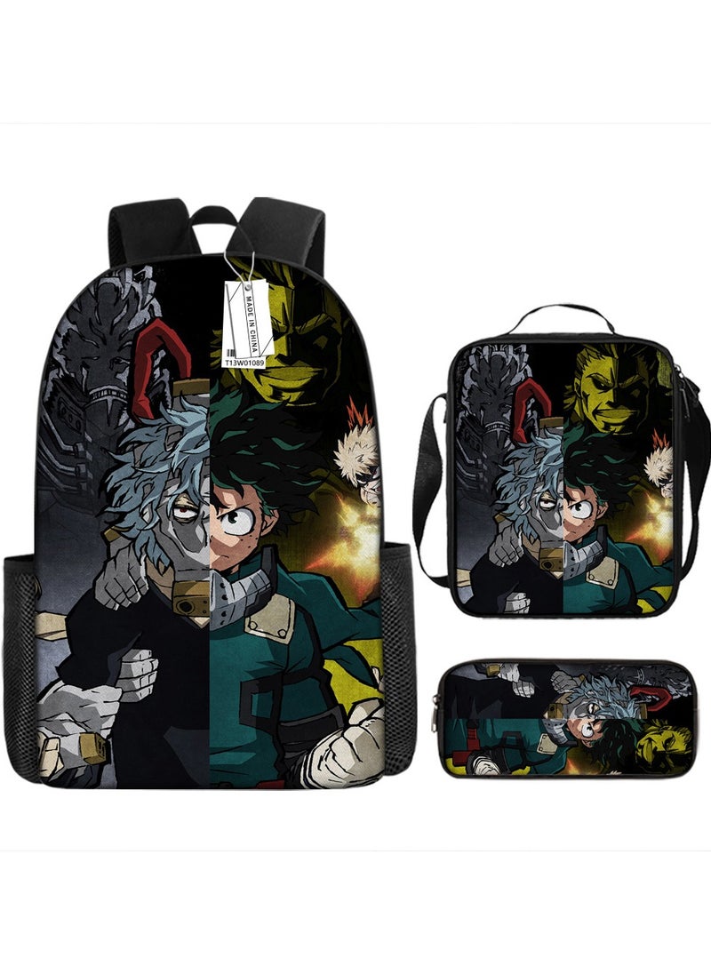 Printed backpack polyester schoolbag large-capacity cross-body bag student-W01-: Hero Academia (universal standard three-piece set)