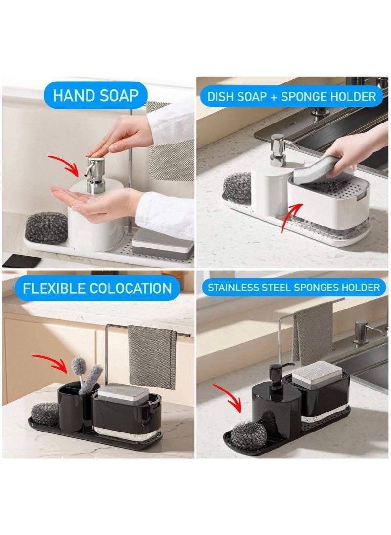 Hand and Dish Soap Dispenser Set for Kitchen, 4-in-1 Dual Soap Dispenser with Sponge Holder and Dishcloth Holder Organizer for Kitchen Sink Countertop Storage Organize - Useful Kitchen Gadgets(Black)