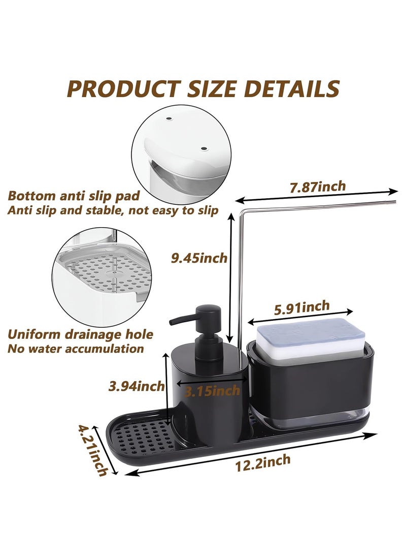 Hand and Dish Soap Dispenser Set for Kitchen, 4-in-1 Dual Soap Dispenser with Sponge Holder and Dishcloth Holder Organizer for Kitchen Sink Countertop Storage Organize - Useful Kitchen Gadgets(Black)