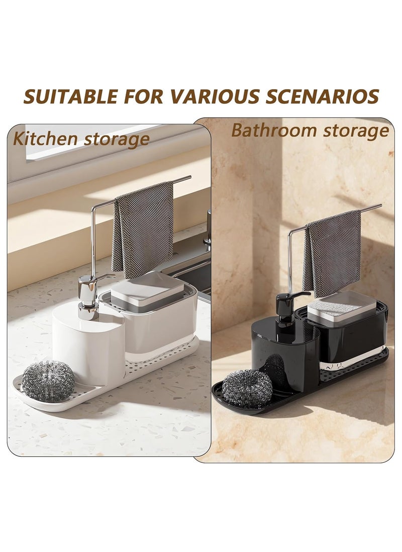 Hand and Dish Soap Dispenser Set for Kitchen, 4-in-1 Dual Soap Dispenser with Sponge Holder and Dishcloth Holder Organizer for Kitchen Sink Countertop Storage Organize - Useful Kitchen Gadgets(Black)