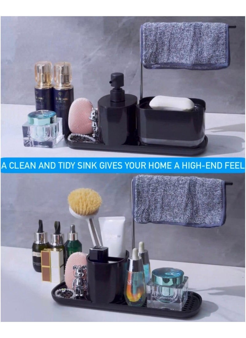 Hand and Dish Soap Dispenser Set for Kitchen, 4-in-1 Dual Soap Dispenser with Sponge Holder and Dishcloth Holder Organizer for Kitchen Sink Countertop Storage Organize - Useful Kitchen Gadgets(Black)