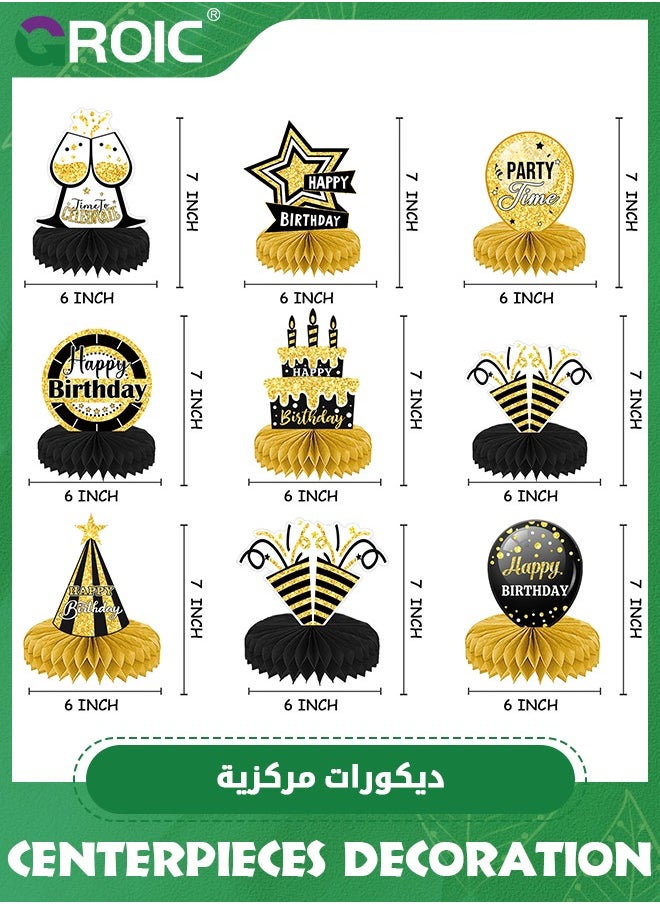 9 Pack Happy Birthday Centerpieces for Tables,Happy Birthday Table Decorations,Black and Gold Birthday Decorations,Party Table Decorations,Birthday Table Toppers