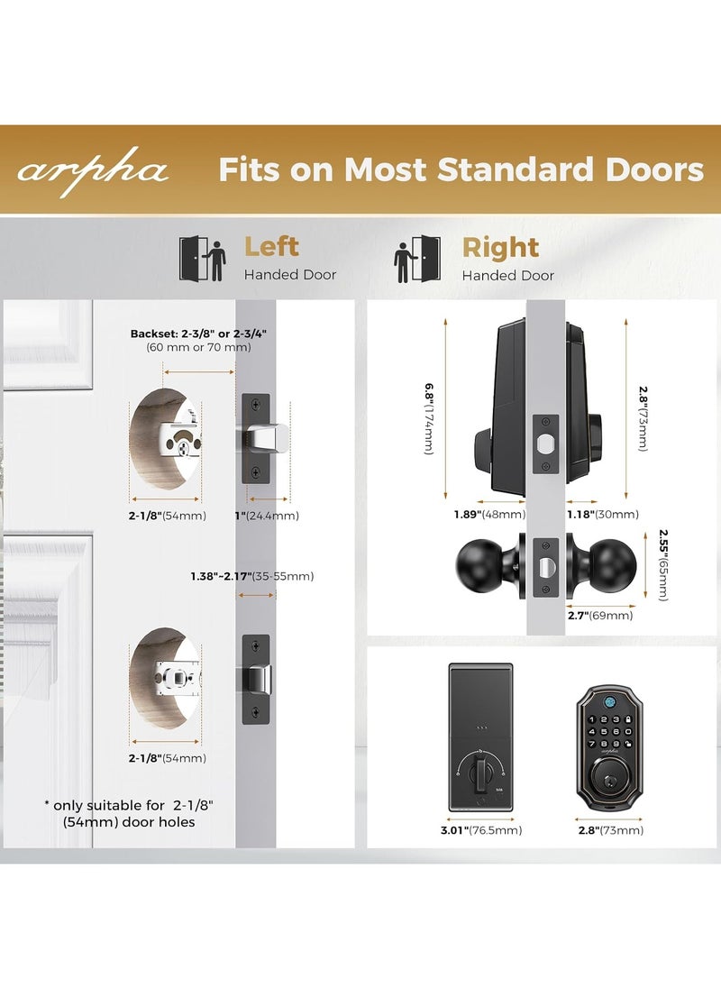 D280K Fingerprint Door Lock with Door Knobs, Keyless Entry Door Lock with App Control, Electronic Keypad Deadbolt for Front Door, One Time Code Anti-Peeping Password, Easy to Install