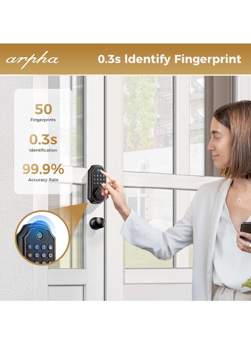 D280K Fingerprint Door Lock with Door Knobs, Keyless Entry Door Lock with App Control, Electronic Keypad Deadbolt for Front Door, One Time Code Anti-Peeping Password, Easy to Install