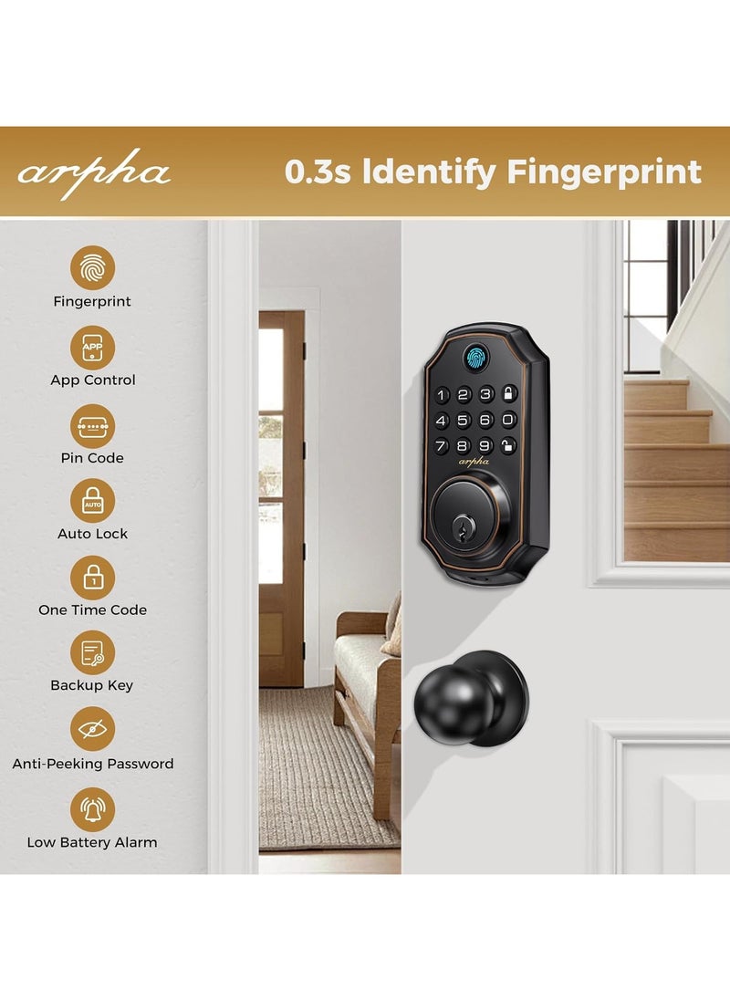 D280K Fingerprint Door Lock with Door Knobs, Keyless Entry Door Lock with App Control, Electronic Keypad Deadbolt for Front Door, One Time Code Anti-Peeping Password, Easy to Install