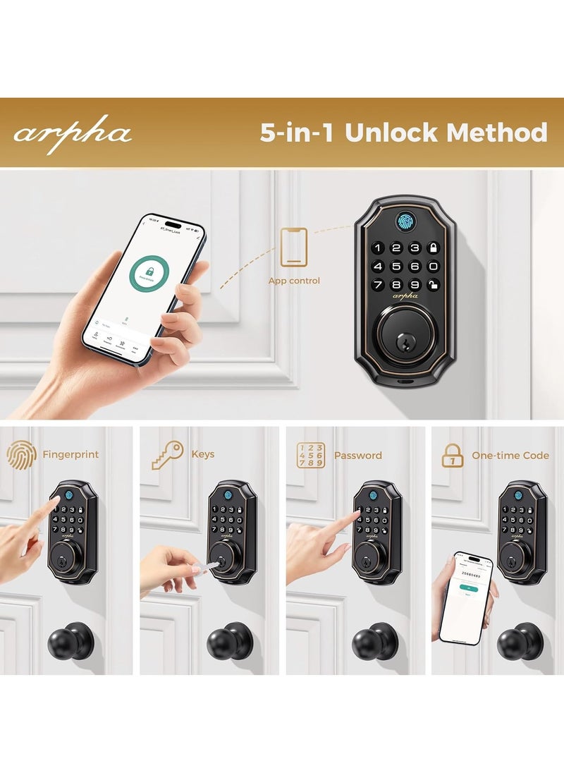 D280K Fingerprint Door Lock with Door Knobs, Keyless Entry Door Lock with App Control, Electronic Keypad Deadbolt for Front Door, One Time Code Anti-Peeping Password, Easy to Install