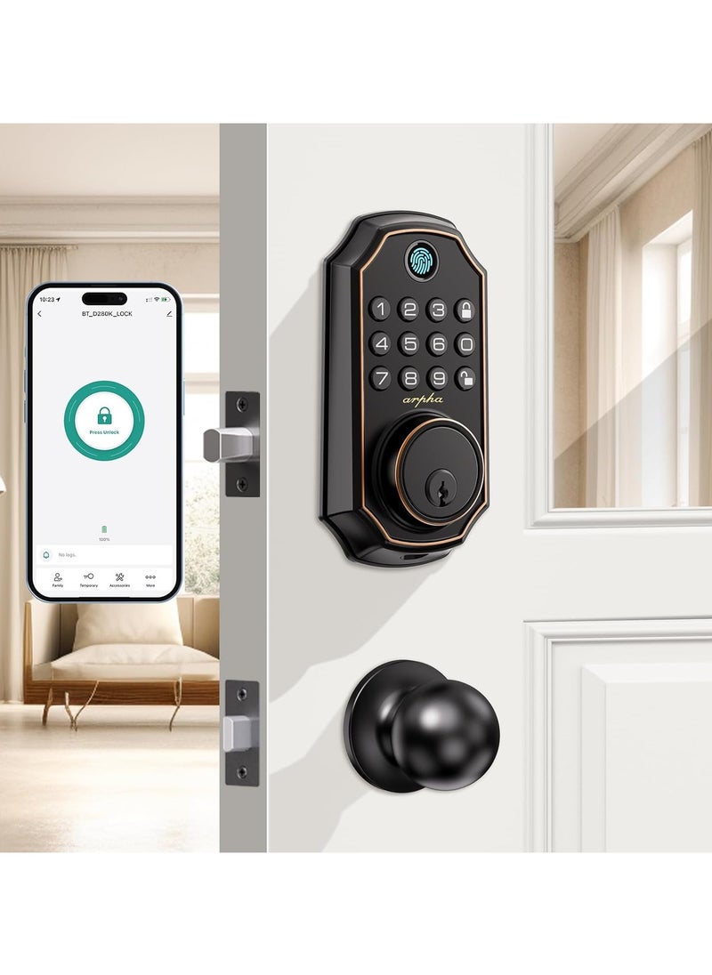 D280K Fingerprint Door Lock with Door Knobs, Keyless Entry Door Lock with App Control, Electronic Keypad Deadbolt for Front Door, One Time Code Anti-Peeping Password, Easy to Install