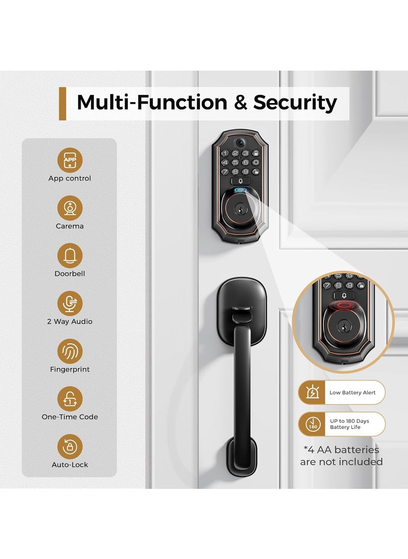 D289H Keyless Entry Door Lock Deadbolt with Handle Set WiFi Door Lock with Camera - 5 in 1 Camera, Doorbell, Fingerprint Keyless Entry Door Lock, App Control, Auto Lock Easy to Instal, Waterproof