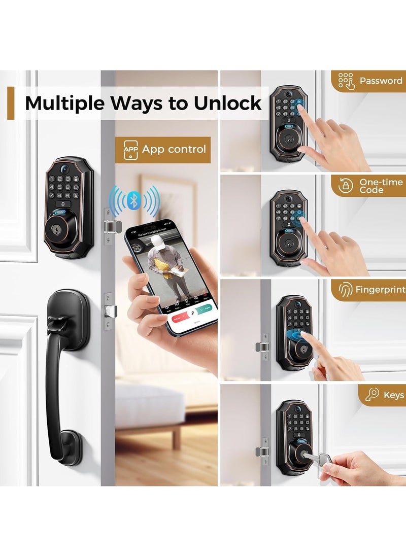 D289H Keyless Entry Door Lock Deadbolt with Handle Set WiFi Door Lock with Camera - 5 in 1 Camera, Doorbell, Fingerprint Keyless Entry Door Lock, App Control, Auto Lock Easy to Instal, Waterproof