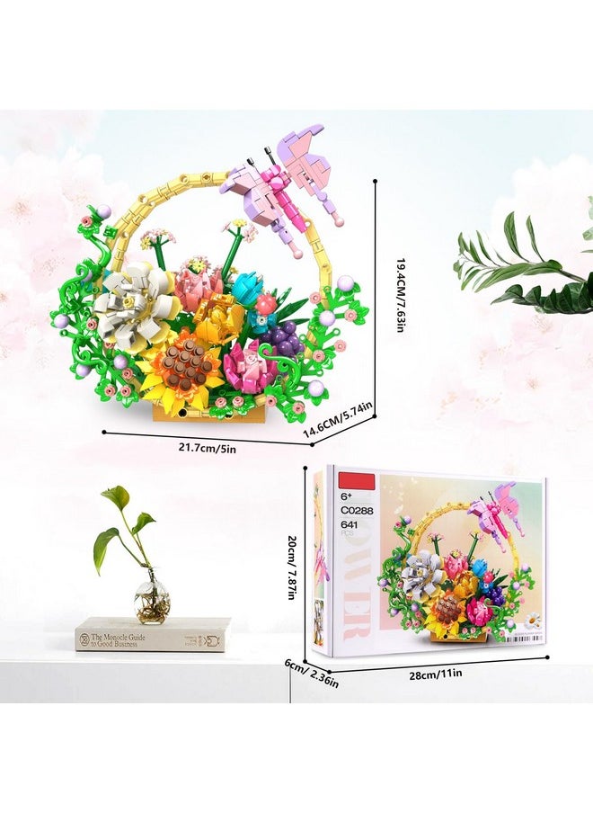 Flower Bouquet Building Set, Artificial Flowers Bonsai Basket Building Toy, Unique Home Wall Decor-Flowers Botanical Collection Building Kit Gift For Christmas Valentines Mother’S Day (641Pcs)