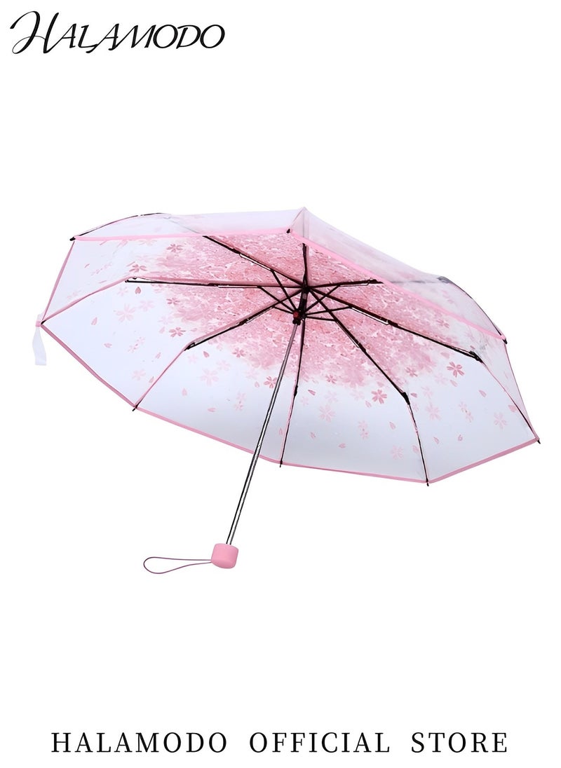 Cherry Blossom Umbrella Transparent Folding Umbrella Fashionable Princess Umbrella Portable Windproof Umbrella Travel Clear Floral Rain Umbrella for Kids & Girls & Women