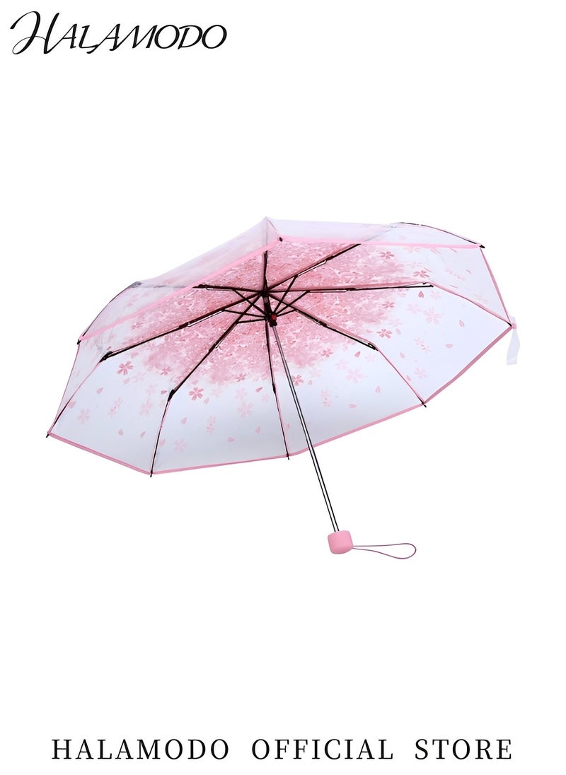 Cherry Blossom Umbrella Transparent Folding Umbrella Fashionable Princess Umbrella Portable Windproof Umbrella Travel Clear Floral Rain Umbrella for Kids & Girls & Women