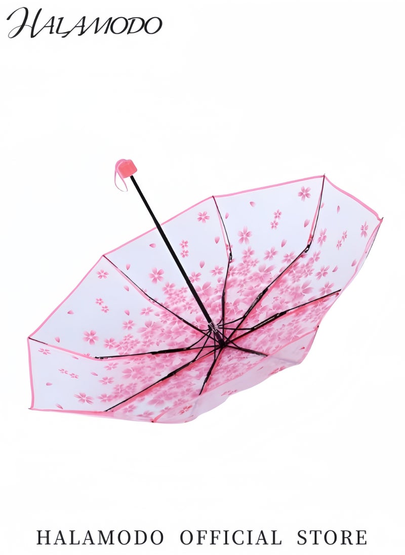 Cherry Blossom Umbrella Transparent Folding Umbrella Fashionable Princess Umbrella Portable Windproof Umbrella Travel Clear Floral Rain Umbrella for Kids & Girls & Women