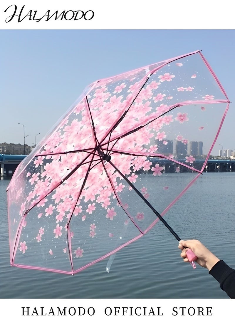 Cherry Blossom Umbrella Transparent Folding Umbrella Fashionable Princess Umbrella Portable Windproof Umbrella Travel Clear Floral Rain Umbrella for Kids & Girls & Women