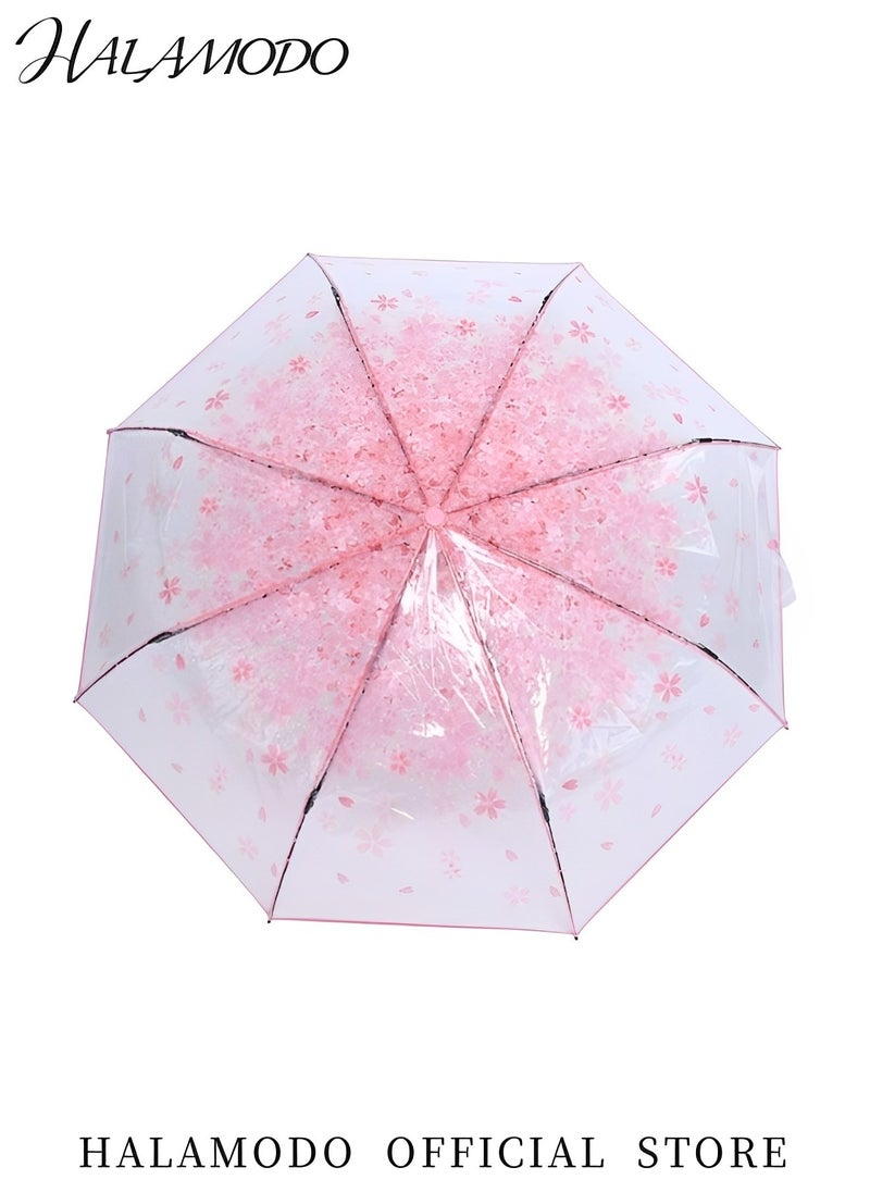 Cherry Blossom Umbrella Transparent Folding Umbrella Fashionable Princess Umbrella Portable Windproof Umbrella Travel Clear Floral Rain Umbrella for Kids & Girls & Women