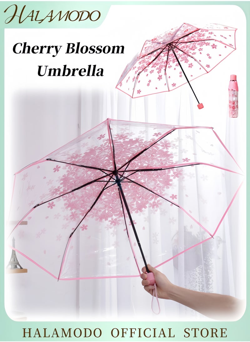 Cherry Blossom Umbrella Transparent Folding Umbrella Fashionable Princess Umbrella Portable Windproof Umbrella Travel Clear Floral Rain Umbrella for Kids & Girls & Women