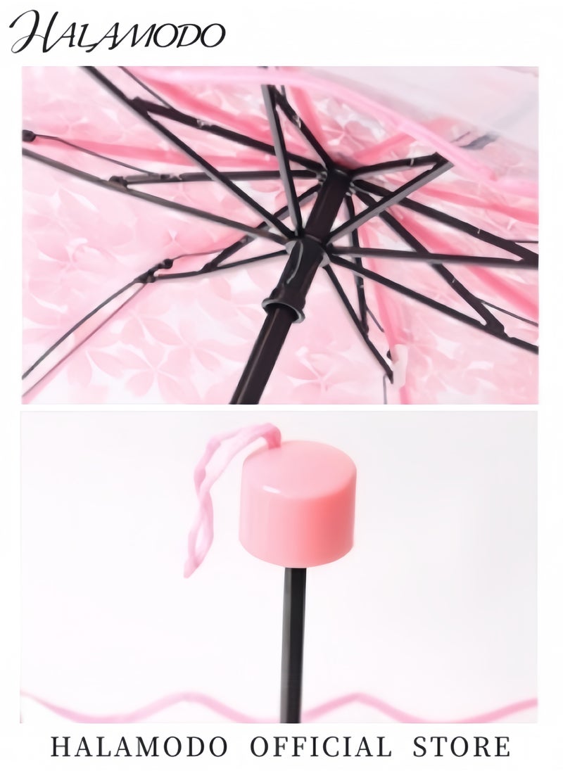 Cherry Blossom Umbrella Transparent Folding Umbrella Fashionable Princess Umbrella Portable Windproof Umbrella Travel Clear Floral Rain Umbrella for Kids & Girls & Women