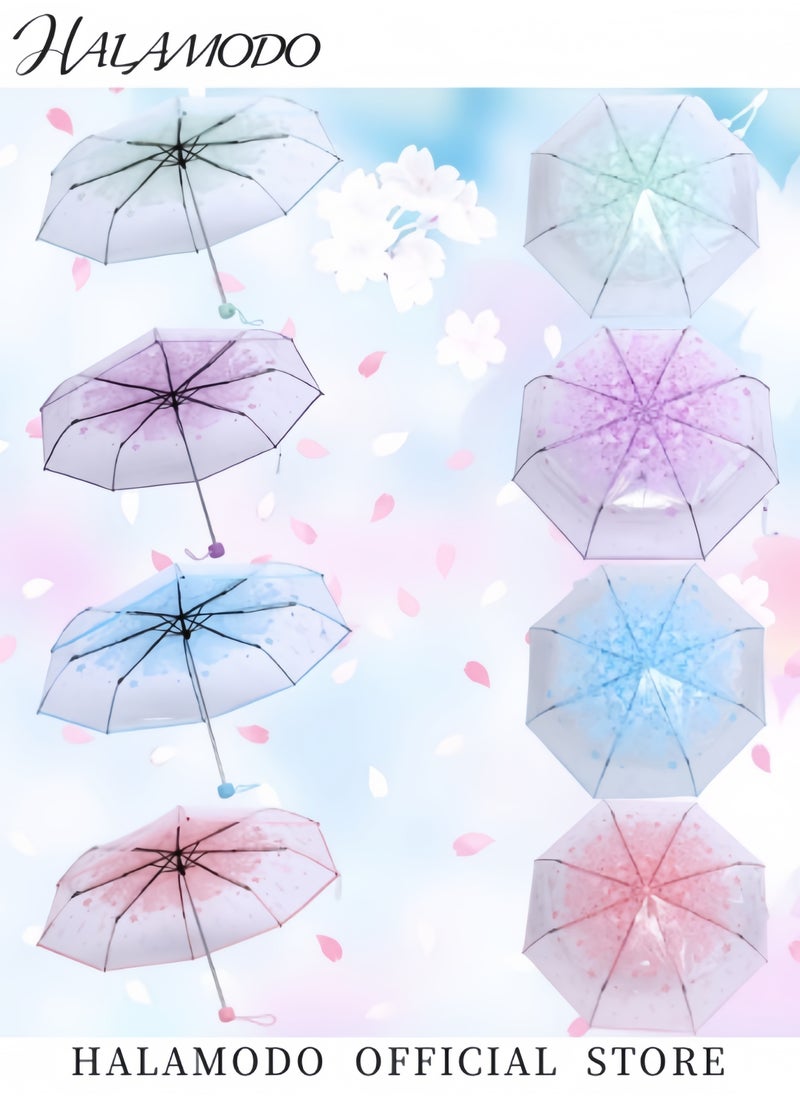 Cherry Blossom Umbrella Transparent Folding Umbrella Fashionable Princess Umbrella Portable Windproof Umbrella Travel Clear Floral Rain Umbrella for Kids & Girls & Women