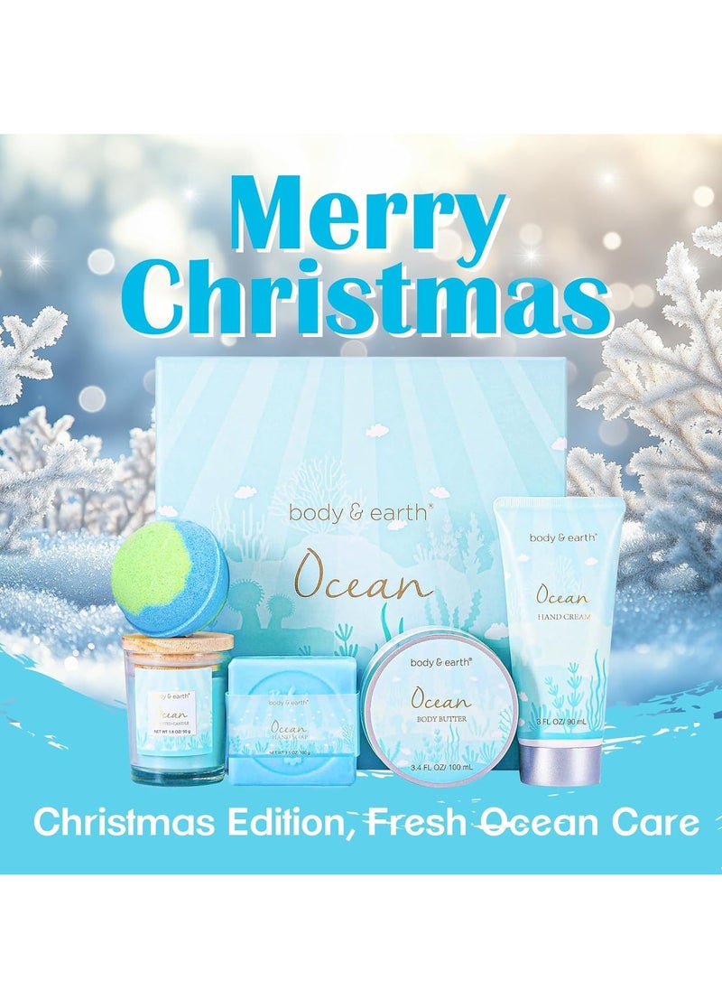 Bath and Body Gift Sets for Women with 5 Pcs Ocean Scented Spa Gifts for Women Bath Gifts for Women with Scented Candle Body Butter Hand Cream Bath Bomb Womens Gifts for Christmas