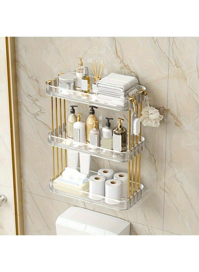 3-Tier Wall Mounted Bathroom Shelf with Hooks Adhesive Shower Organizer Bathroom Caddy Large Capacity Shower Rack for Bathroom Toilet Kitchen