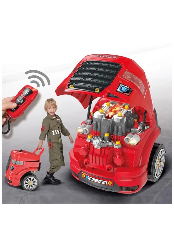 The Bubble Factory Truck Mechanic Engine Workshop (Red) - Cool Take Apart and Rebuild Engine with Remote Control Car Key, Battery-Powered with Lights & Realistic Sound Effects, Pretend Play - 3 Years+