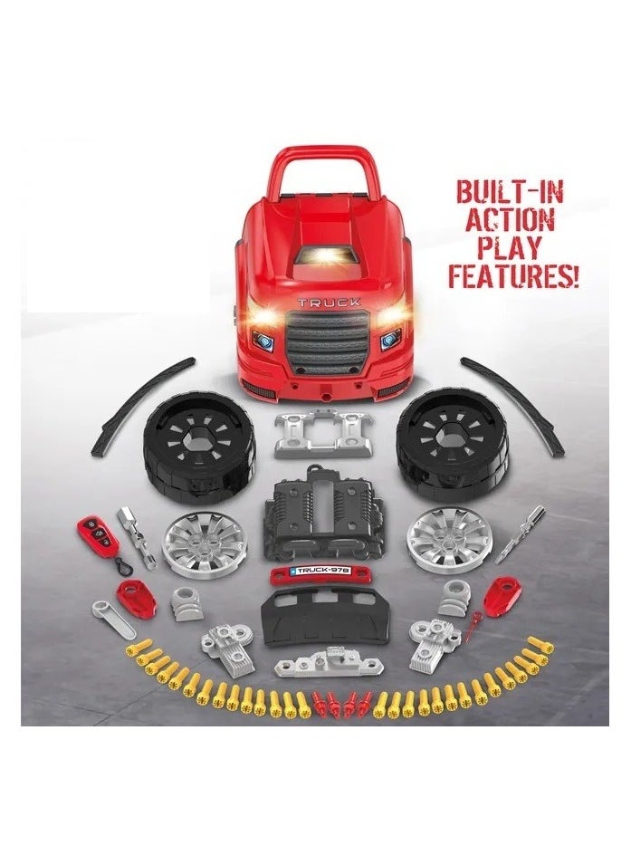 The Bubble Factory Truck Mechanic Engine Workshop (Red) - Cool Take Apart and Rebuild Engine with Remote Control Car Key, Battery-Powered with Lights & Realistic Sound Effects, Pretend Play - 3 Years+