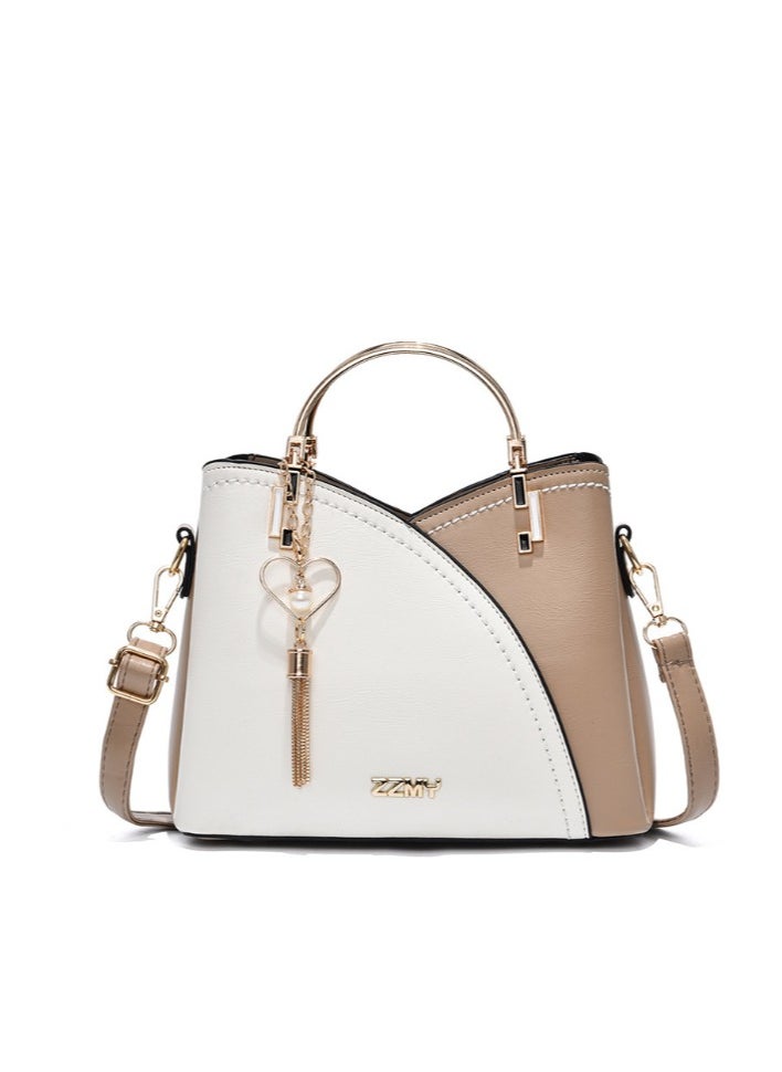 Women's Bag Large Capacity White & Khaki Colorblock, Shoulder & Crossbody Bag for Women Girls, Trendy and Stylish Tassel Handbag