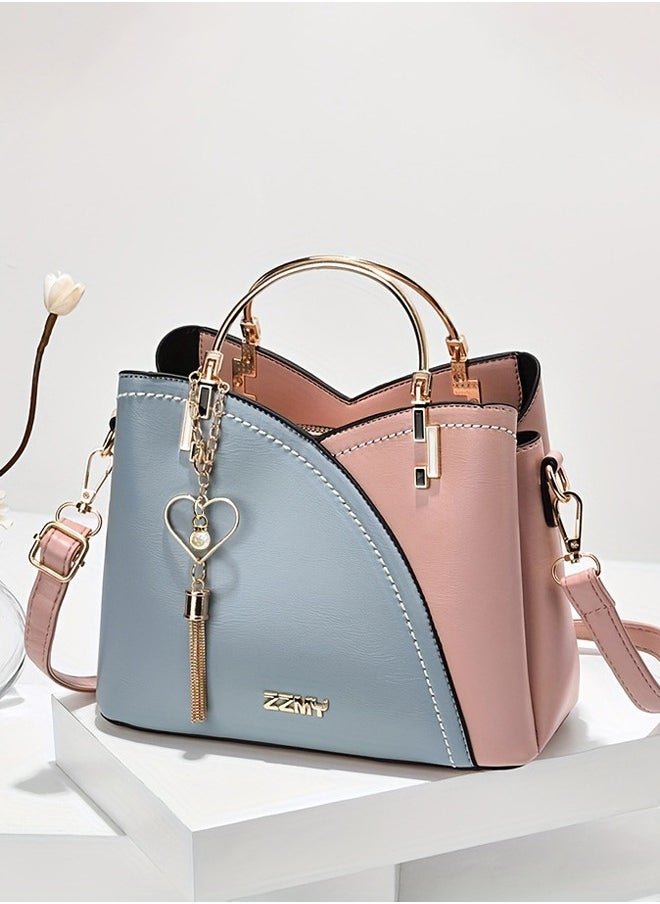 Women's Bag Large Capacity Pink & Blue Colorblock, Shoulder & Crossbody Bag for Women Girls, Trendy and Stylish Tassel Handbag, Special gift