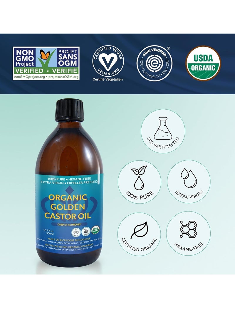 Organic Golden Castor Oil 16 point 9oz  100 percent Pure and Expeller Pressed for Hair Skin and Digestion Hexane Free USDA Certified