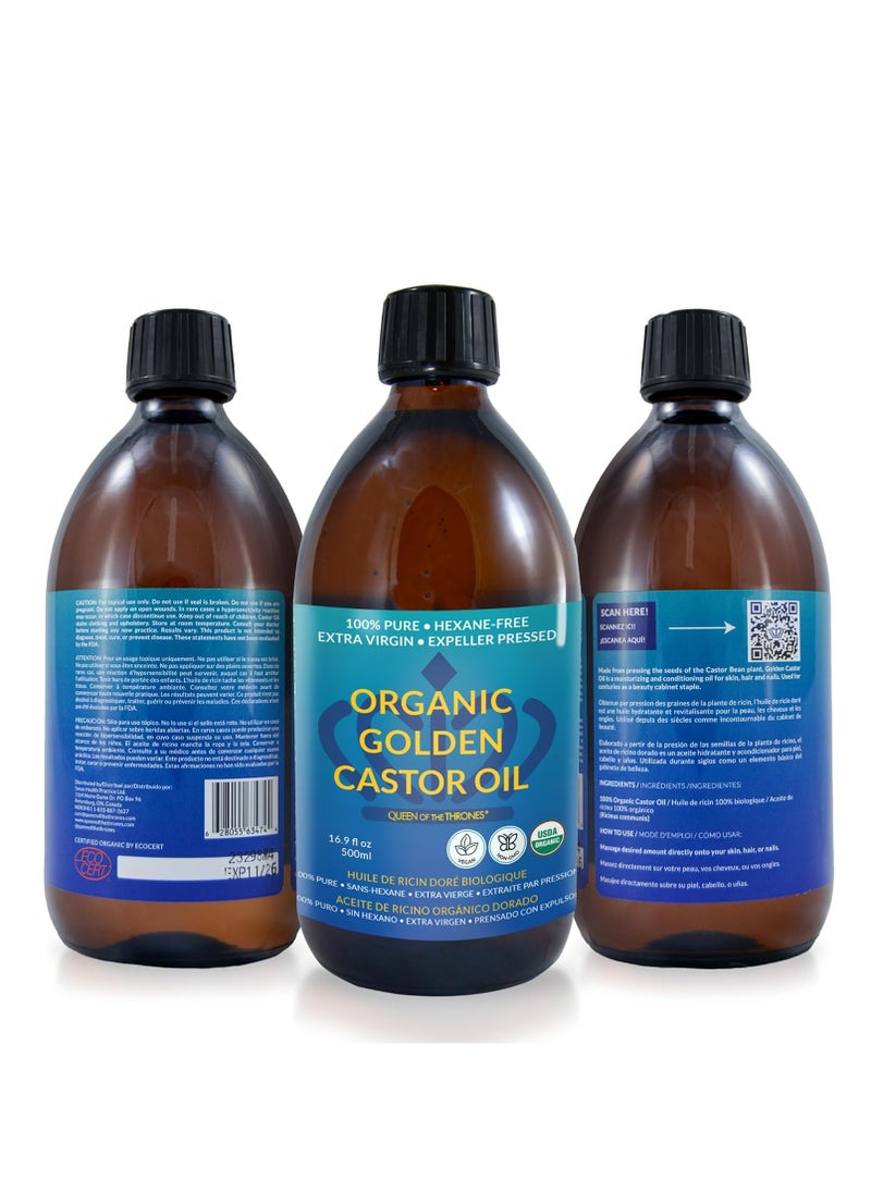 Organic Golden Castor Oil 16 point 9oz  100 percent Pure and Expeller Pressed for Hair Skin and Digestion Hexane Free USDA Certified