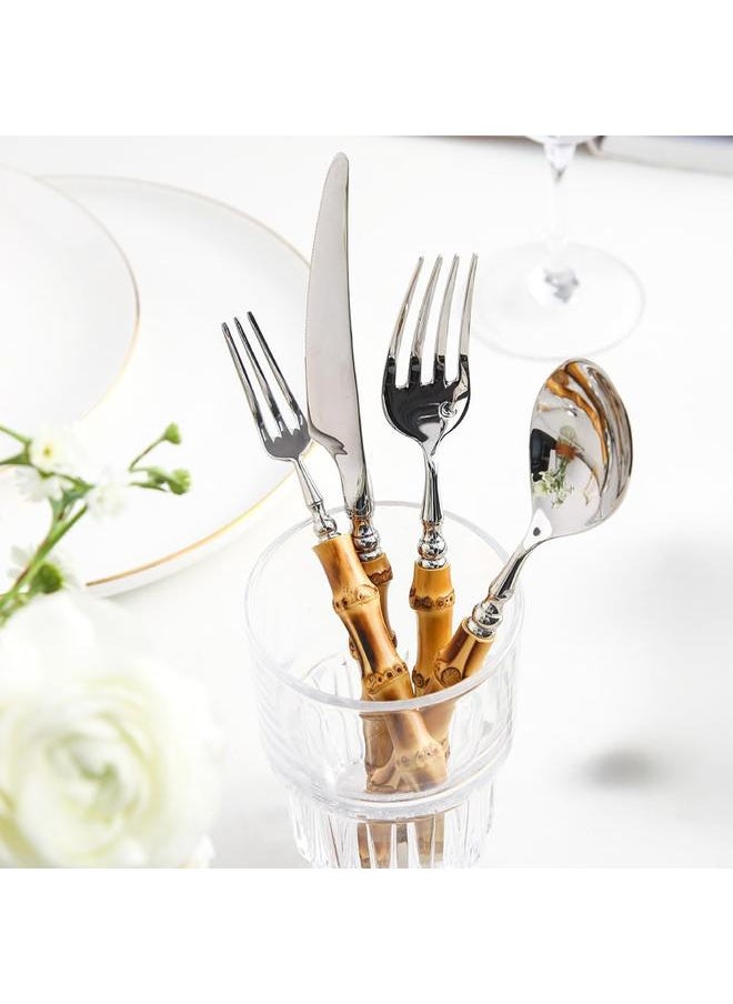 304 Stainless Steel Tabluejwe Set Natural Bamboo Utensil Cutlery Set Spoon Fork Knives Bamboo Handle Flatware Set for Kitchen Wedding Home Restaurant Party (1 Sets-6 Piece), Silver