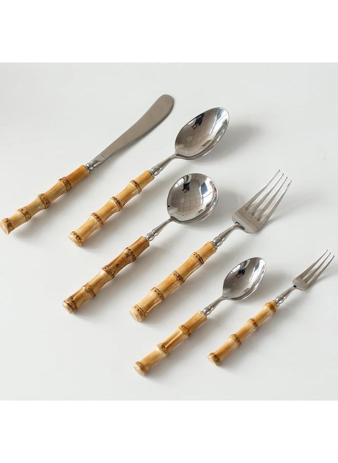 304 Stainless Steel Tabluejwe Set Natural Bamboo Utensil Cutlery Set Spoon Fork Knives Bamboo Handle Flatware Set for Kitchen Wedding Home Restaurant Party (1 Sets-6 Piece), Silver