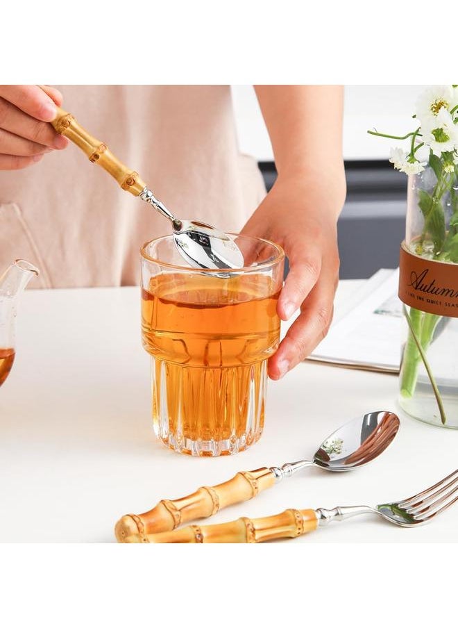 304 Stainless Steel Tabluejwe Set Natural Bamboo Utensil Cutlery Set Spoon Fork Knives Bamboo Handle Flatware Set for Kitchen Wedding Home Restaurant Party (1 Sets-6 Piece), Silver