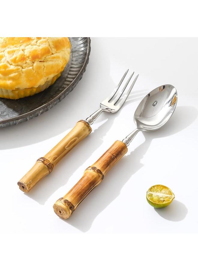 304 Stainless Steel Tabluejwe Set Natural Bamboo Utensil Cutlery Set Spoon Fork Knives Bamboo Handle Flatware Set for Kitchen Wedding Home Restaurant Party (1 Sets-6 Piece), Silver