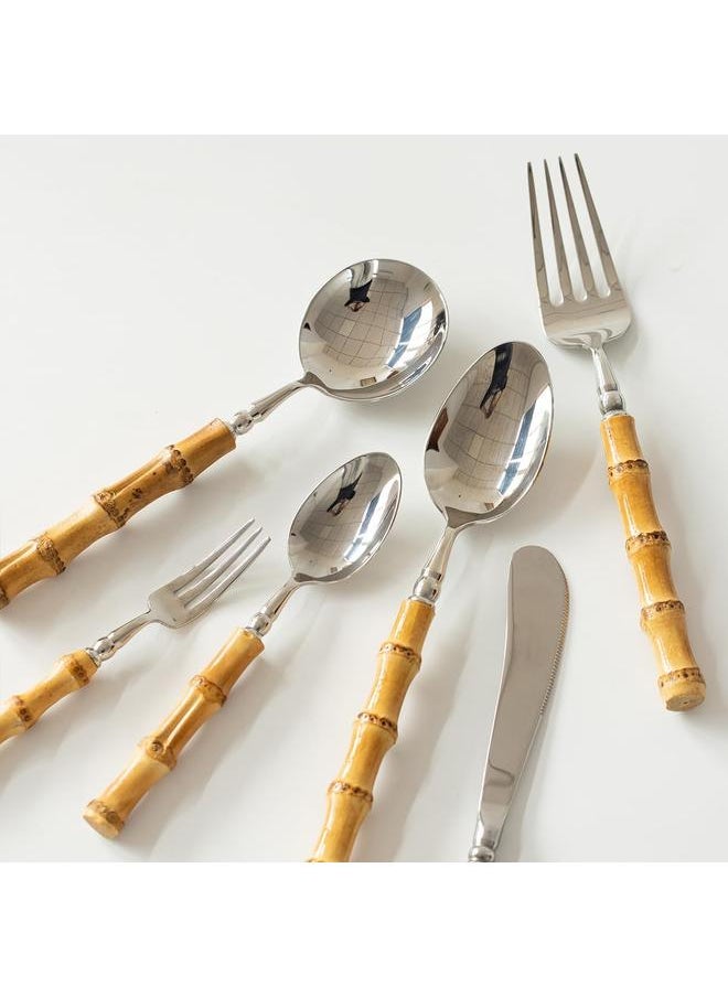 304 Stainless Steel Tabluejwe Set Natural Bamboo Utensil Cutlery Set Spoon Fork Knives Bamboo Handle Flatware Set for Kitchen Wedding Home Restaurant Party (1 Sets-6 Piece), Silver