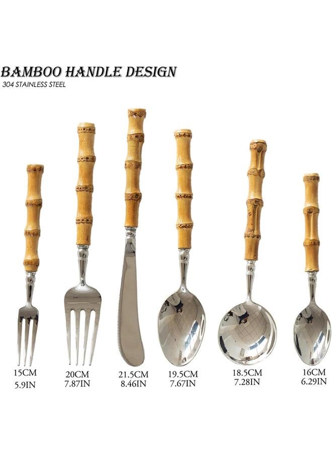 304 Stainless Steel Tabluejwe Set Natural Bamboo Utensil Cutlery Set Spoon Fork Knives Bamboo Handle Flatware Set for Kitchen Wedding Home Restaurant Party (1 Sets-6 Piece), Silver