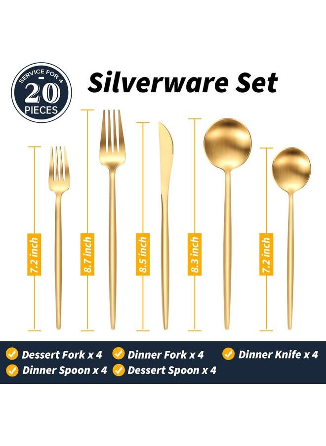 20-Piece Gold Silverware Set, 18/10 Stainless Steel Flatware Set for 4, Thick Spoons and Forks Set, Gold Cutlery Set for Home Kitchen Restaurant Wedding, Matte Gold Utensils Set, Dishwasher Safe