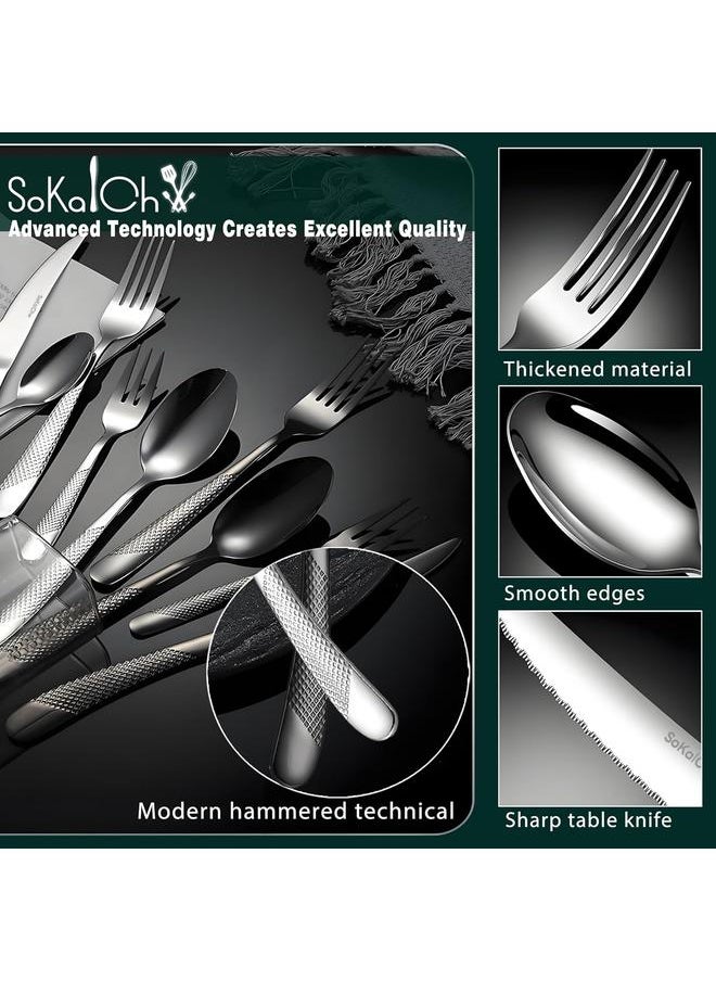 Black Hammered Silverware Set, 20 Piece Premium Stainless Steel Cutlery Set, Modern Flatware Set, Food-Grade Tableware Set, Knives,Spoons,Forks Set(52277)