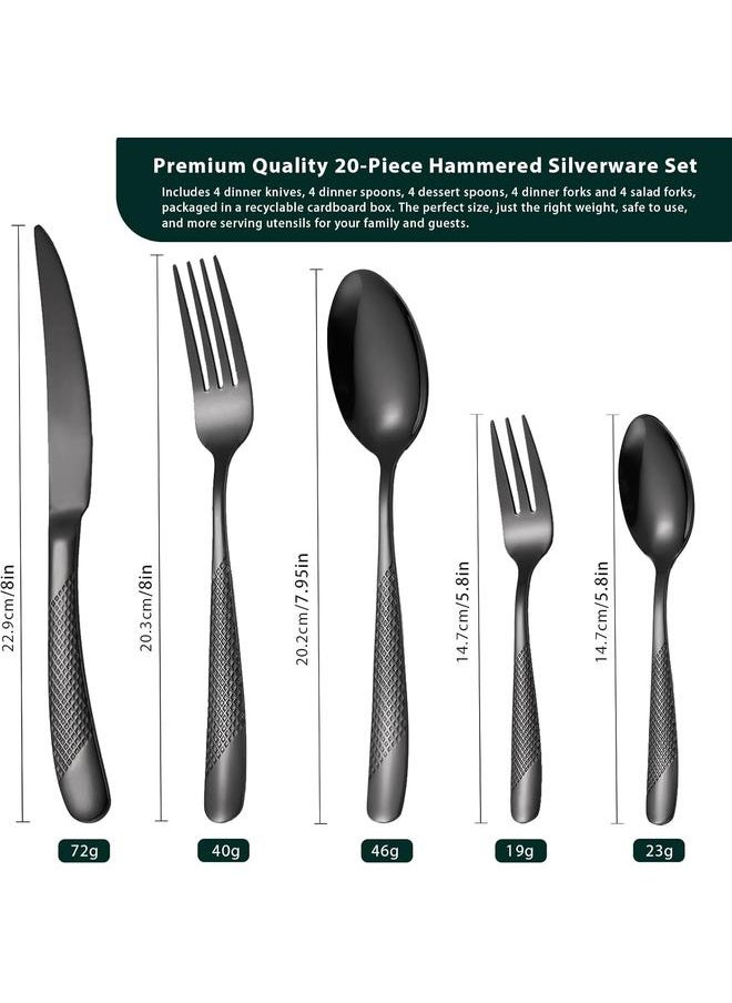 Black Hammered Silverware Set, 20 Piece Premium Stainless Steel Cutlery Set, Modern Flatware Set, Food-Grade Tableware Set, Knives,Spoons,Forks Set(52277)