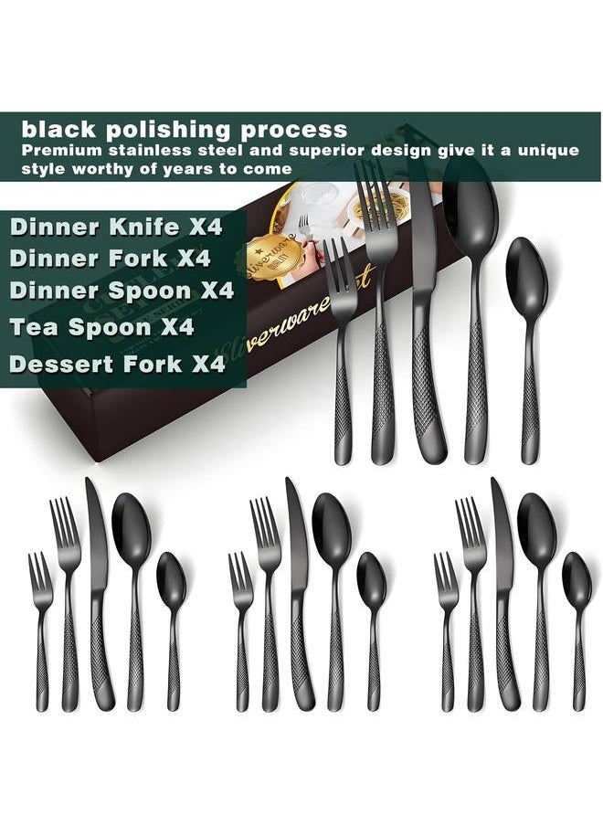Black Hammered Silverware Set, 20 Piece Premium Stainless Steel Cutlery Set, Modern Flatware Set, Food-Grade Tableware Set, Knives,Spoons,Forks Set(52277)