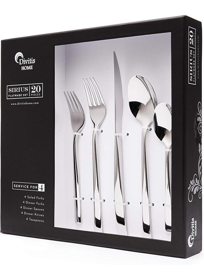 Divitis Home Sirius Silverware Set 20 Piece, 18/10 Stainless Steel Set for 4 (Dinner Spoons, Dinner Forks, Salad Forks, Dinner Knives, Teaspoons), Flatware Set, Cutlery Set, Forks and Spoons Set