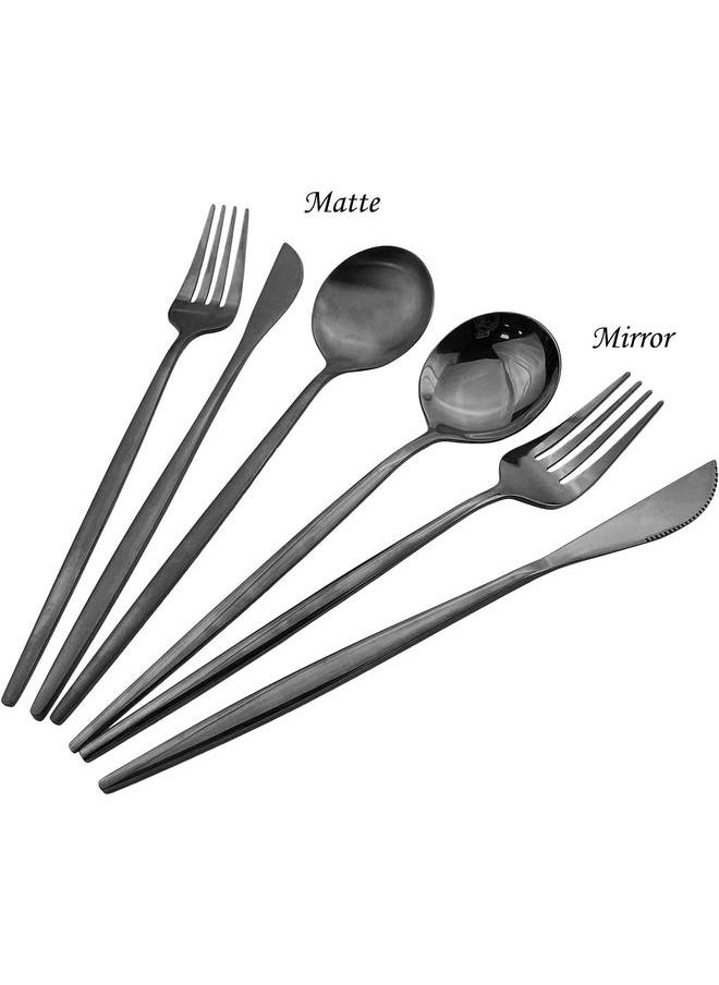 30pcs Satin Finished Cutlery Set Stainless Steel Utensil Slender Handle For Home Restaurant School Work Flatware, for 6 people, Dishwasher Safe, Black