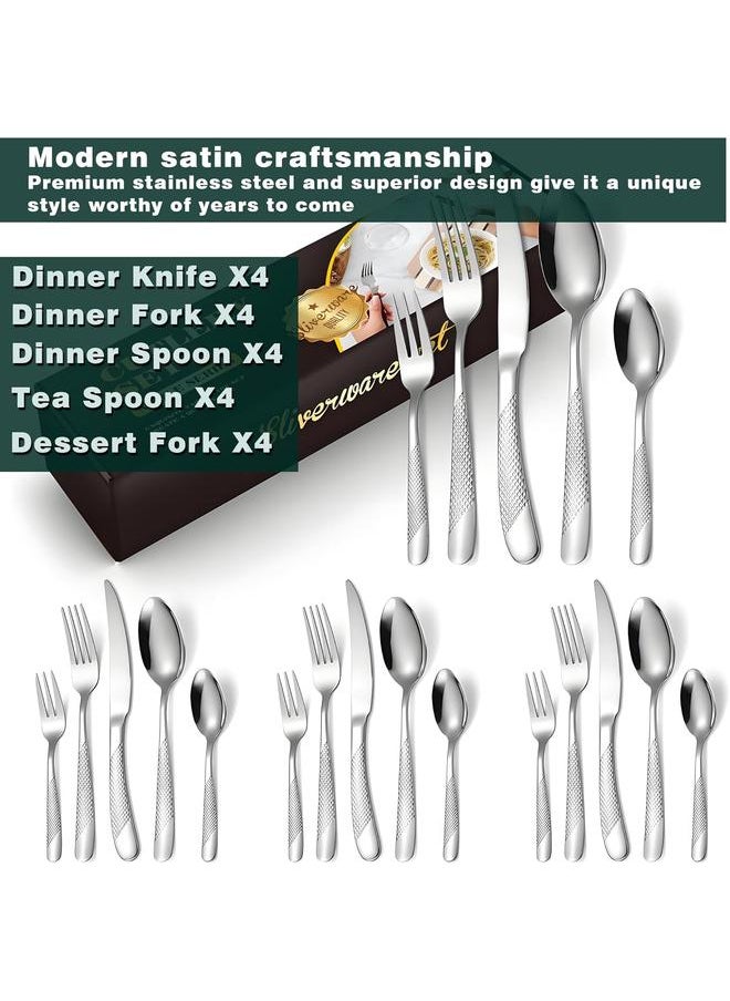 Star Hammered Silverware Set, 20 Piece Premium Modern Flatware Stainless Steel Silverware Set, Food-Grade Cutlery Set, Knives, Spoons, Forks set(52377)