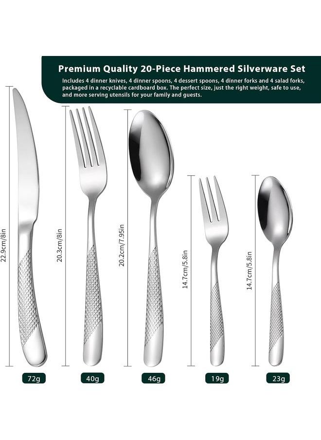 Star Hammered Silverware Set, 20 Piece Premium Modern Flatware Stainless Steel Silverware Set, Food-Grade Cutlery Set, Knives, Spoons, Forks set(52377)
