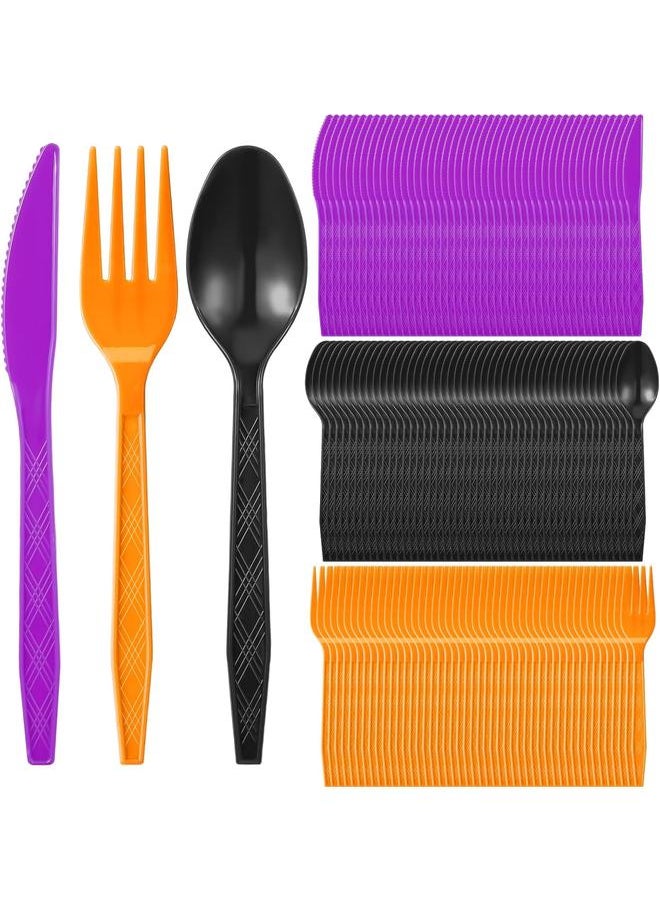 Gerrii 150 Pieces Green Disposable Plastic Cutlery Set Plastic Utensils Plastic Silverware Set Includes Spoons, Forks, and Knives for St Patricks Day Party Supplies (Dark Orange,Purple,Black)