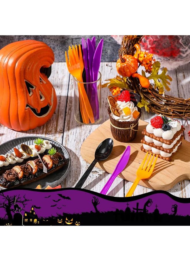 Gerrii 150 Pieces Green Disposable Plastic Cutlery Set Plastic Utensils Plastic Silverware Set Includes Spoons, Forks, and Knives for St Patricks Day Party Supplies (Dark Orange,Purple,Black)